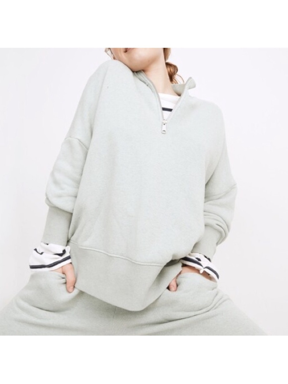 Madewell MWL Airyterry Half Zip Tunic Sweatshirt Heather Sage Mist Size XS